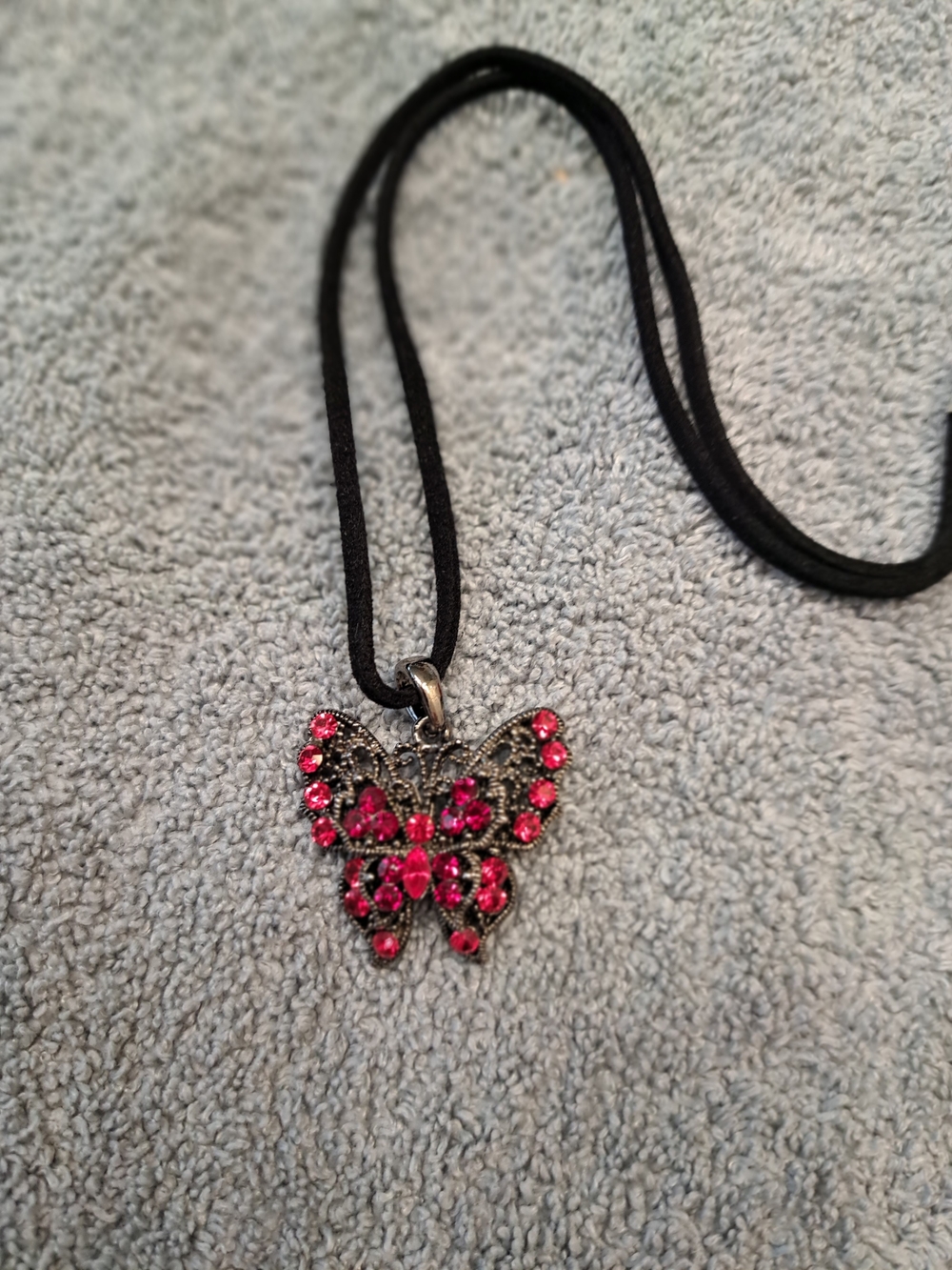Red Crystal Butterfly Pendant Necklace on Black Cord